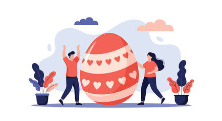 Man and woman celebrating and standing next to a large red Easter egg with white hearts and stripes in a park.