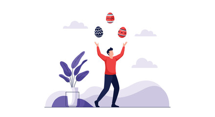 Enthusiastic man juggling colorful decorated Easter eggs in a minimalist outdoor setting with purple plants and clouds.