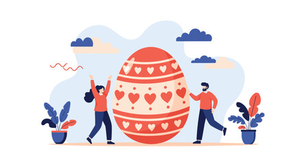 Happy man and woman cheering and dancing around a giant red Easter egg with hearts in a beautiful spring landscape.
