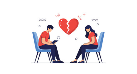 Sad man and woman sitting in chairs facing away from each other with a large broken red heart symbol between them.