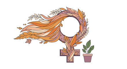 Female gender symbol beautifully decorated with autumn leaves and feathers representing womens nature and empowerment.