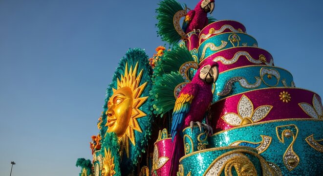 An ornate carnival float featuring vibrant macaws and a golden sun mask moving in a street parade under a clear blue sky, depicting a festive cultural celebration concept of Carnival in Brazil