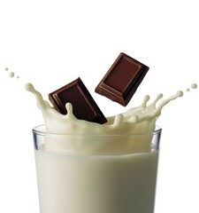 A glass of milk with chocolate pieces splashing into it