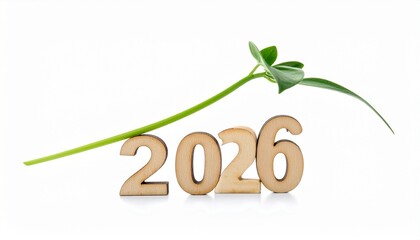 Hopeful Horizons: A sprout emerges from wooden numbers 2026, symbolizing the dawn of a new year, growth, and the anticipation of possibilities.
