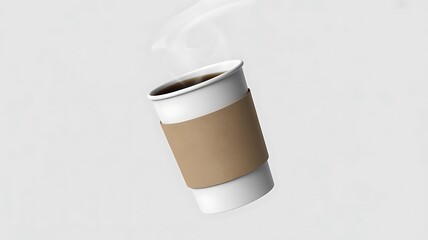 Steaming hot coffee in a disposable paper cup with a brown cardboard sleeve floats against a light background