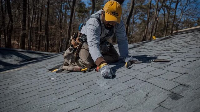 Experienced contractor patching stormdamaged shingles on a house roof working swiftly to stop water infiltration after heavy rainfall.