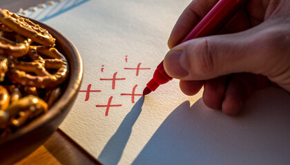 Hand Drawing Sports Strategy With Red Marker Near Bowl of Pretzels