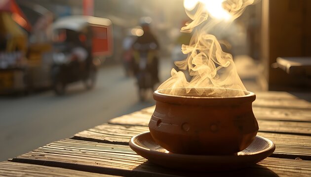 Hot Masala Chai In Clay Matka Cup On Wooden Table Close Up