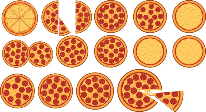 Pepperoni pizza collection with whole pies and sliced portions for restaurant