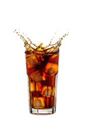 Ultra-high-speed macro shot of rich dark amber iced coffee splashing symmetrically from a highball glass, condensation, white background, high-key lighting. Ultimate refreshment concept