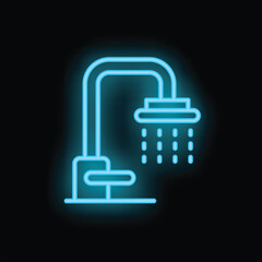 Fototapeta premium Bright blue neon shower faucet with flowing water icon sign symbol graphic on a black background