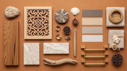 Natural material samples and earthy color palette for serene interior design inspiration