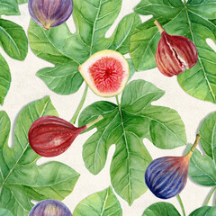 Figs with leaves, detailed texture watercolor seamless pattern isolated on beige. Hand-painted botanical clipart for organic design, food packaging, eco branding, textile, wrapping paper, healthy