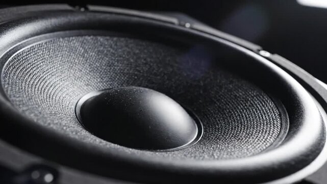 Close-up of a dynamic subwoofer speaker vibrating, producing sound in a dark studio setting