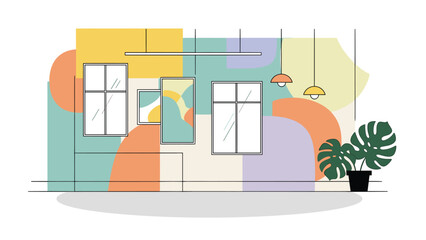 Vibrant modern living room with colorful abstract walls and lush green plant