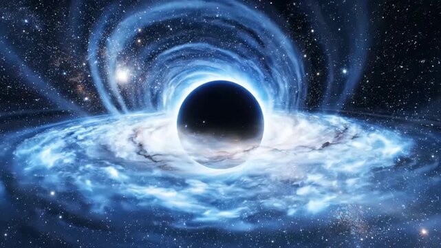 Dramatic swirling black hole accretion disk animation in deep space.