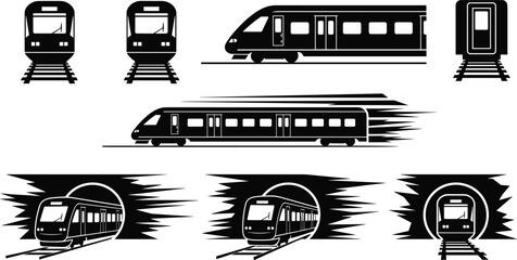Modern high speed train silhouettes set showing metro subway railway transport isolated black vector illustration for urban travel concept design © Afsana Creatives