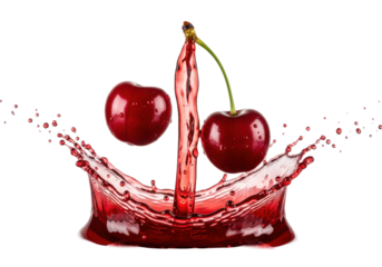 Two deep crimson cherries with an emerald green stem, frozen mid-splash in a dramatic explosion of rich red juice droplets, isolated on a transparent background. concept for extreme flavor advertising