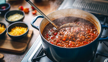 Delicious Homemade Beef Chili Stew Simmering in Pot for Gameday Party