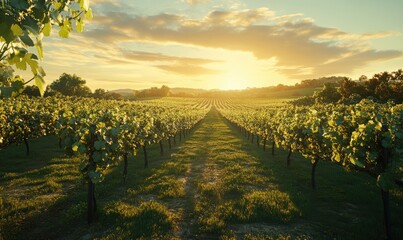 Naklejka premium Lush vineyard with rows of grapevines stretching into the horizon, illuminated by warm golden light.