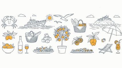 Seaside picnic setup with fresh food and drinks illustration
