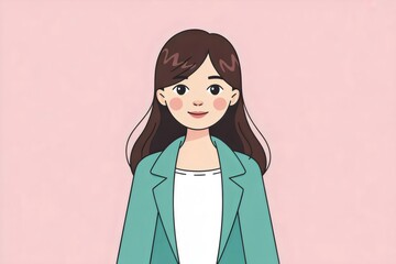 A cartoon woman with long brown hair and a green blazer smiles