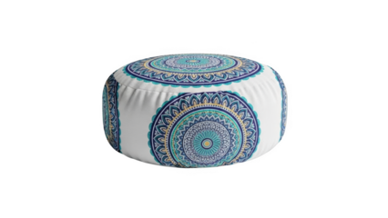 White round pouf with blue and yellow mandala pattern ottoman floor cushion