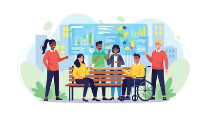 Diverse team collaborating around wooden table with graphs and charts