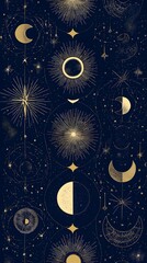 Obraz premium Celestial Moon Phases and Sun with Gold Stars on Navy Blue Background. Mystical Astrology Pattern.