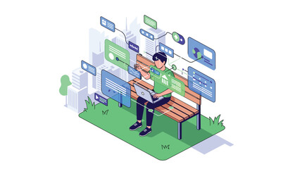 Young professional working remotely on laptop in city park with digital interface