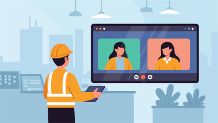 Remote worker in modern office setting with video call on large computer screen