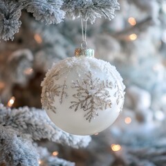 Elegant white Christmas ornament with snowflake design hangs on a frosted tree branch