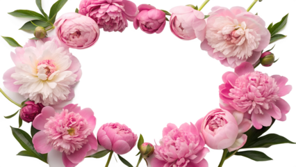 Delicate circular floral frame made of lush pink peony blossoms arranged around the edges on a transparent background, leaving generous central copy space for text, greeting cards or wedding designs.
