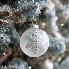 Frosted white Christmas ornament with snowflake design hanging on a snowy tree branch