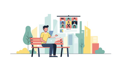Remote worker on laptop in city park with video conference