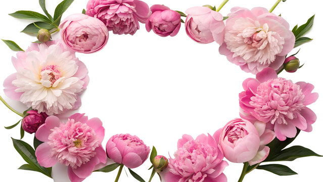 Delicate circular floral frame made of lush pink peony blossoms arranged around the edges on a transparent background, leaving generous central copy space for text, greeting cards or wedding designs.