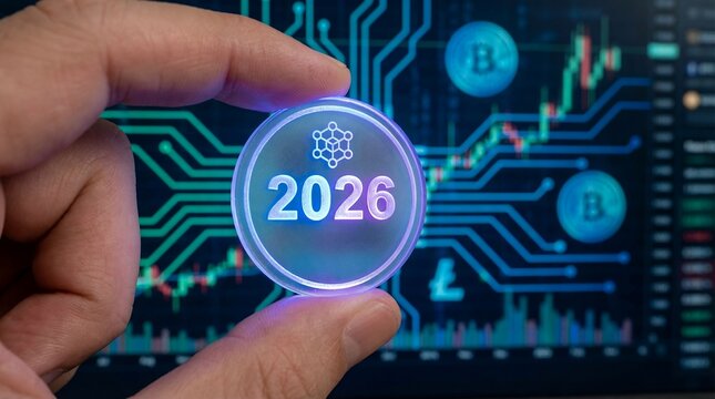Hand holds glowing 2026 digital crypto coin over blurred financial exchange chart and circuit board pattern, concept for future innovation, digital currency investment and technology development - Powered by Adobe