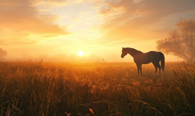 Majestic horse silhouetted against a golden sunset in an open meadow, with subtle clouds and warm autumn hues creating a serene countryside atmosphere,