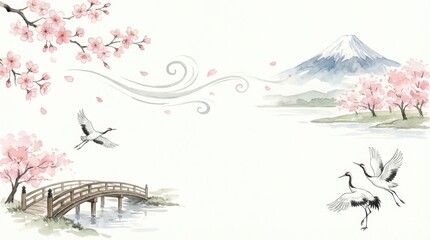 Serene cranes dancing under cherry blossoms tranquil mountain landscape watercolor art peaceful nature scene aerial view japanese cultural essence