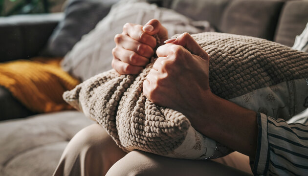 Close Up of Female Hands Squeezing Cushion During Tense Sports Game Moment