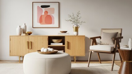 Cozy and modern living area showcasing warm wood tones, a comfortable ottoman, and stylish decor