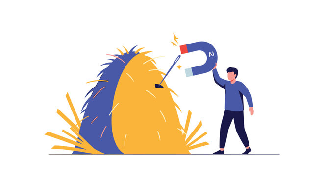 A man uses a large AI-branded magnet to easily find a needle in a haystack, symbolizing the power of AI in problem-solving.
