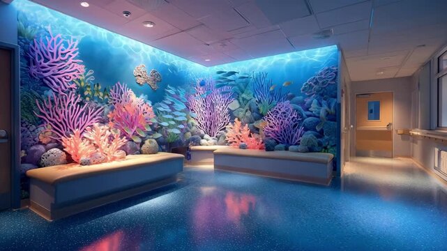 Medium shot of an underwaterthemed hospital corner designed with ocean murals bubbly lighting and sea creature sculptures to captivate and relax children.