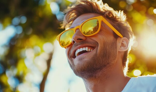 Man in vibrant yellow sunglasses laughing under bright summer sunlight, exuding freedom and carefree joy.