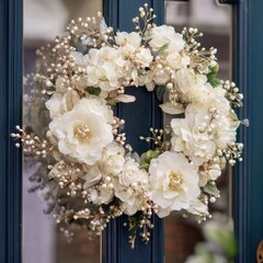Elegant white floral wreath with pearl accents on a dark blue door