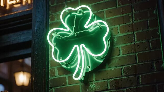 A vibrant green neon sign in the shape of a threeleaf clover is affixed to a rustic brick wall at night illuminating its surroundings