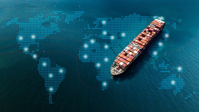Aerial top-down view of a large container cargo ship sailing through turquoise ocean waters logistics, transportation and international shipping routes.