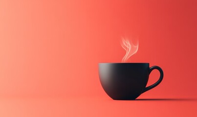 Minimalist coffee cup with steaming black coffee placed on a vivid red background, emphasizing bold simplicity and morning energy,