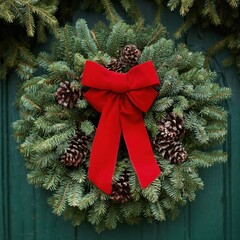 Festive evergreen wreath with pinecones and a bright red bow adorns a rustic green door
