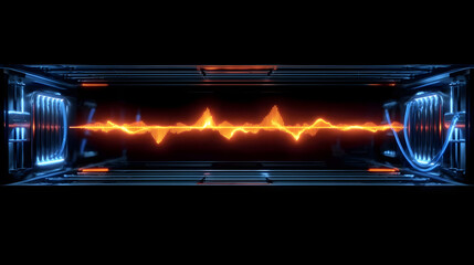 Vibrant glowing orange sound wave across a dark futuristic screen with neon blue energy coils